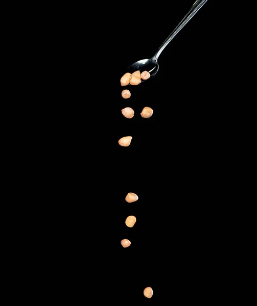 ピーナッツの秋 茶色の穀物ピーナッツ銀スプーンから抽象的な雲が飛ぶ爆発 美しい完全な種子エンドウ豆ピーナッツ 食品オブジェクトのデザイン 選択的フォーカスフリーズショット黒の背景を隔離 — ストック写真