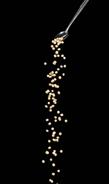 大豆の秋 黄色の穀物豆銀スプーンから抽象的な雲が飛ぶ爆発する 美しい完全な種子エンドウ豆大豆 食品オブジェクトのデザイン 選択的フォーカスフリーズショット黒の背景を隔離 — ストック写真