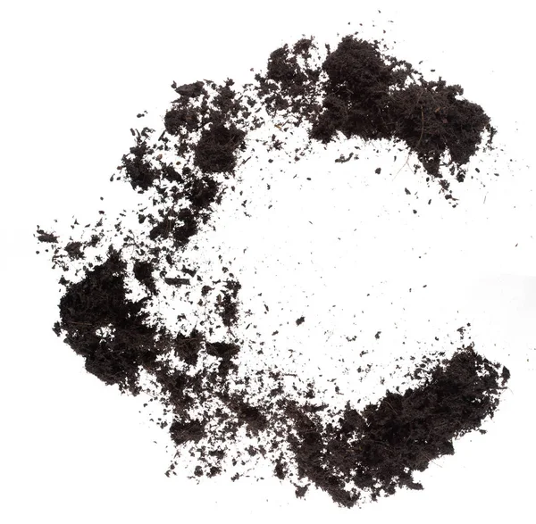 ブラック肥料土壌は 庭の農業のための根を持つ良い有機土壌を植える準備ができて 土壌の細部はほこり汚れと空気中で飛ぶスローされます 白の背景に高速フリーズショット絶縁 — ストック写真