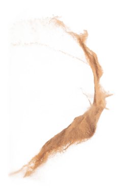 Büyük Kum Uçan Patlaması, Altın Tahıl Dalgası Patlaması. Soyut bulut sineği. Sarı renkli kum damlaları içine hava atıyor. Beyaz arka plan izole edilmiş yüksek hız deklanşörü, dondurma hareketi atıyor