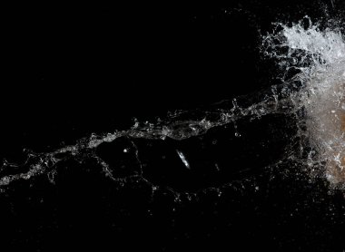 Su duvara çarptı ve damla haline geldi. Su saldırısı çarpışması ve havada kanat çırpma miktarı. Hareketsiz çekimi durdurun. Doku elementleri için su sıçrat, siyah arkaplan izole