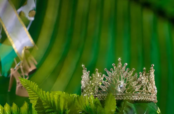 Yeşil Orman Elmas Tacı Bayan Güzellik Yarışması Için Orman Ormanı — Stok fotoğraf