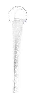 Pure refined Sugar in measured cup, white crystal sugar fall line down. Pure refined sugar stop in air, food object design. white background isolated high speed freeze motion