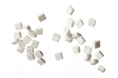Pure Refined Sugar cube flying explosion, white crystal sugar abstract cloud fly. Pure refined sugar cubes splash stop in air, food object design. white background isolated high speed freeze motion