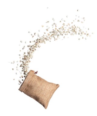 Job's Tear flying in sack bag, white grain job tear float abstract cloud fly. Beautiful job's tear sack bag splash in air, food object design. Wooden background isolated high speed freeze motion