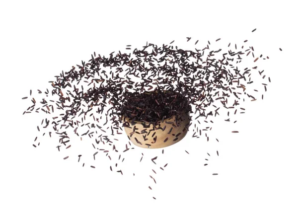 Riceberry Rice Explosion Flying Wooden Bowl Black Purple Berry Grain — Zdjęcie stockowe