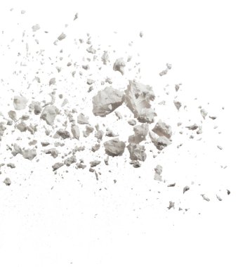 Tapioca starch explosion flying, White powder tapioca starch wave floating fall down in air. tapioca starch is element material. Eyeshadow crush for make up artist. White background Isolated