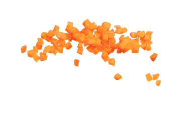 Carrot fresh fly float in Air turn to Cube dice shape. Beta Carotene orange color in Carrot is good health. Many Dice cube carrot flying throw up in Air. White background isolated, high speed