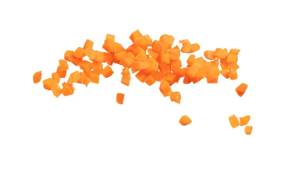 Морковь Свежая Муха Плавает Воздухе Превратиться Кубики Формы Бета Каротин — стоковое фото
