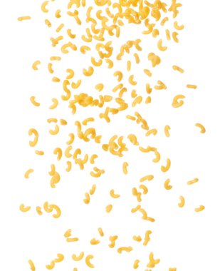 Macaroni fall down in group, yellow macaronis pasta float explode, abstract cloud fly. Curved macaroni pasta splash throwing in Air. White background Isolated high speed shutter, freeze motion