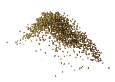 Green mung beans fall down explosion, green mung bean float explode, abstract cloud fly. Dried green mung beans splash throwing in Air. White background Isolated high speed shutter, freeze motion