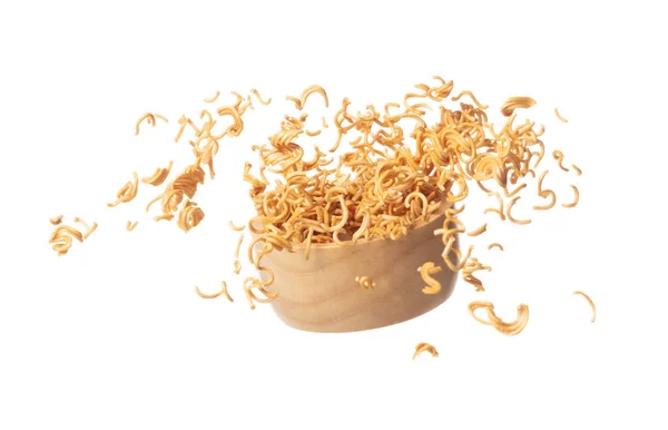 Instant Noodle Fly Wooden Bowl Yellow Instant Noodle Float Explode —  Fotos de Stock