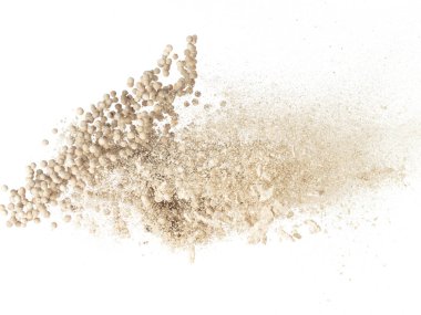 White Pepper seeds fly explosion, white Pepper mix powder float explode, abstract cloud fly. Peppercorn mix powder splash throwing in Air. White background Isolated high speed shutter