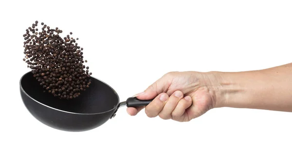 Black Pepper Seeds Fly Throw Pan Black Pepper Float Explode — Stockfoto