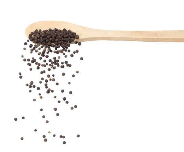 Black Pepper Seeds Fall Pour Wooden Spoon Black Pepper Float — Stock fotografie
