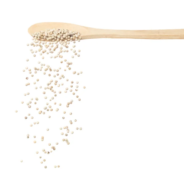 White Pepper Seeds Fall Pour Wooden Spoon White Pepper Float — Zdjęcie stockowe