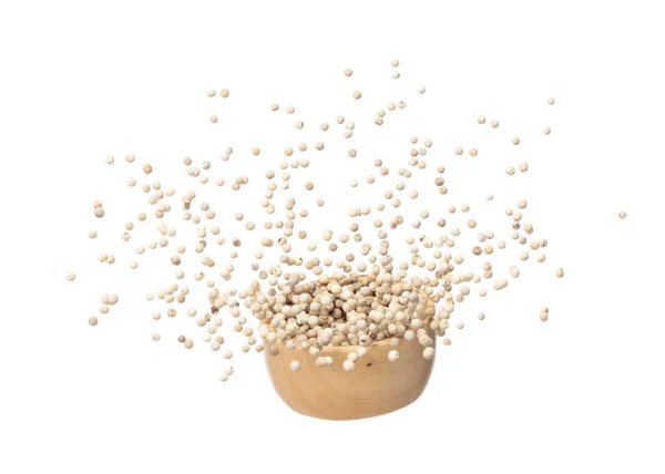 White Pepper Seeds Fall Pour Wooden Bowl White Pepper Float — Zdjęcie stockowe