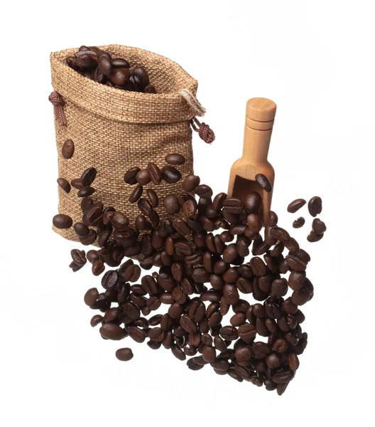 Coffee Bean Fall Pour Sack Bag Coffee Seeds Float Explode — Fotografia de Stock