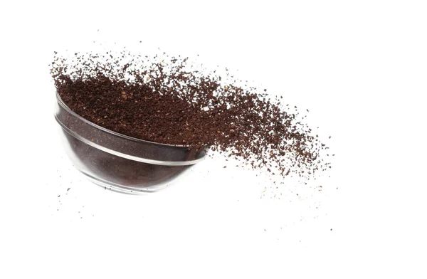 Coffee Powder Fall Pour Glass Bowl Coffee Crushed Float Explode — Stock Photo, Image