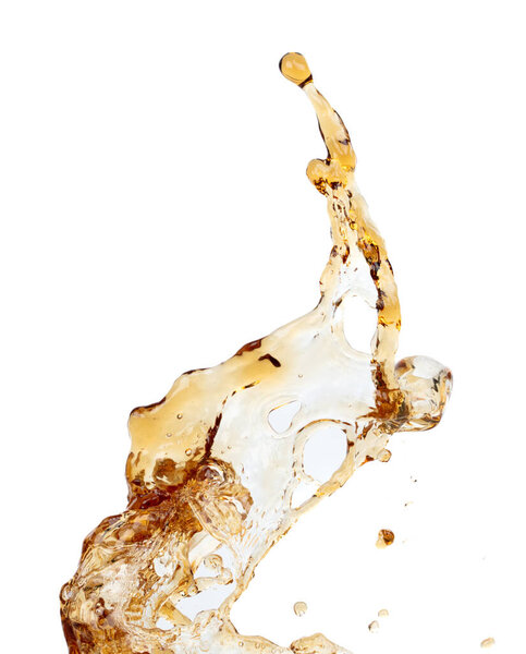 Coffee drink water mix ice cube fall pouring down in Shape form line of espresso black coffee splashes into drop soda cola attack fluttering in air, stop motion freeze shot. Splash coffee cola drink