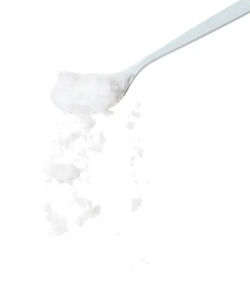Refined Salt Fall Pouring Plastic Spoon Powder White Salts Explode —  Fotos de Stock