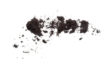 Kara gübre ekilmeye hazır, iyi organik topraklar bahçe çiftçiliği için kök salmış, ince bir toprak parçası havayı tozla kaplıyor. Beyaz arkaplan üzerinde yüksek hız dondurucu çekim izole edildi.