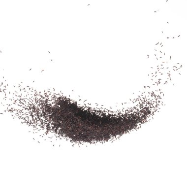 Böğürtlenli pilav torbadan akıyor, siyah mor böğürtlen dalgasıyla havada süzülüyor, yere düşüyor. Pirinç meyvesi organik sağlıklı yemektir. Beyaz arkaplan izole edilmiş yüksek hızlı deklanşör, dur hareketi