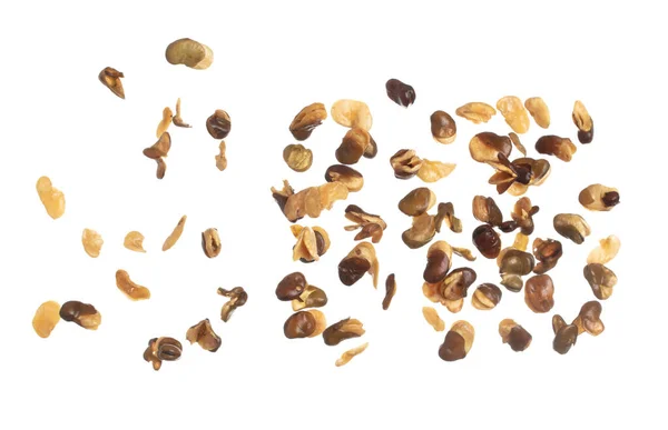 塩広豆は爆発を飛んで 広い豆は抽象的なフライを落下します 熱帯塩広い豆スプラッシュ空気中で投げロースト 白の背景分離された高速シャッター フリーズアクション — ストック写真