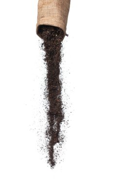 Black dried leave Tea fly in sack bag. Small Fine size tea leaf flying explosion, Abstract cloud fly. Brown colored Teas sack bag splash throwing in Air. White background Isolated high speed freeze