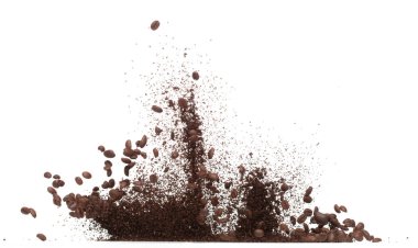 Coffee powder mix bean fly explosion, Coffee crushed mix seed float explode, abstract cloud fly. Coffee dust powder bean splash throwing in Air. White background Isolated high speed shutter, freeze