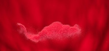 Small Fine size Sand flying explosion, Red Hot wave explode, abstract cloud fly. Red burn colored sand splash throwing Air. Volcano Lava wallpaper background high speed shutter, freeze stop motion