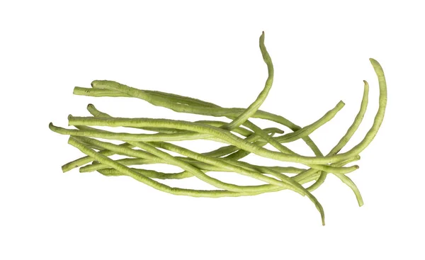 長い庭豆の爆発飛行 空気中の食品調理フロートのための多くのグループの緑の長い豆 長い庭の豆の原料として空中にスローされます 白地分離高速凍結運動 — ストック写真