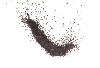 Böğürtlenli pilav torbadan akıyor, siyah mor böğürtlen dalgasıyla havada süzülüyor, yere düşüyor. Pirinç meyvesi organik sağlıklı yemektir. Beyaz arkaplan izole edilmiş yüksek hızlı deklanşör, dur hareketi