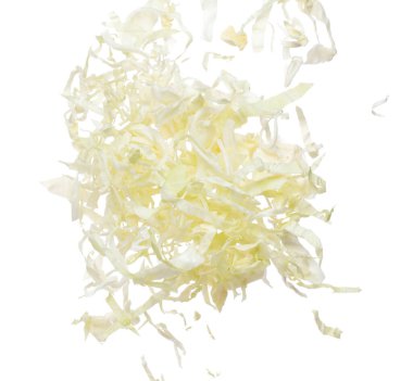 Cabbage fly in mid air, green fresh vegetable cabbage cut chop slice food. Organic fresh vegetable with eaten leaf of cabbage falling, close up texture. White background isolated freeze motion