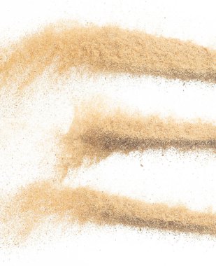 Sand flying explosion, Golden sand wave explode. Abstract sands cloud fly. Yellow colored sand splash throwing in Air. White background Isolated high speed shutter, throwing freeze stop motion clipart