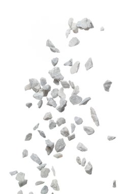 Rock gravel fall down pouring, gray stone pebbles rock explode abstract cloud fly. Construction rock stone splash in air, object design. White background isolated freeze shot, selective focus blur