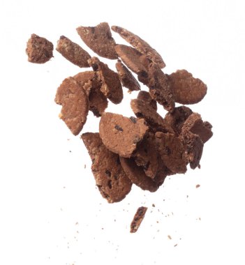 Cookie Chocolate gemisi havada uçuyor, Cocoa Cookie Çikolata gemisi yüzüyor. Kurabiye Çukulatalı gemi yuvarlak, içine hava atın. Beyaz arkaplan izole edilmiş yüksek hız deklanşörü