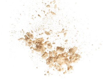 Seasoning powder explosion flying, Beige brown seasoning powder wave floating fall down in air. Seasoning powder is element material. Eyeshadow crush for make up artist. White background Isolated