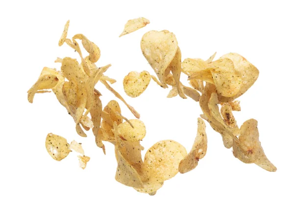 Aardappelspaander Vliegt Lucht Golden Fried Aardappelspaander Drijvende Explosie Stapelgroep Van — Stockfoto