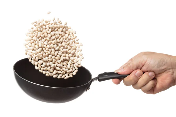 White Bean Fry Throw Cooking Pan White Bean Float Explode — стоковое фото