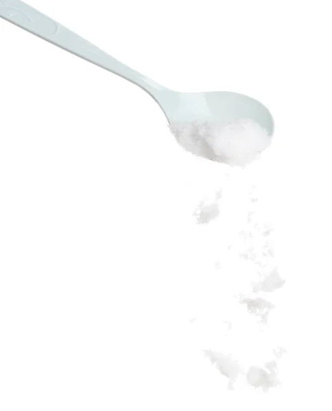 Refined Salt Fall Pouring Plastic Spoon Powder White Salts Explode — Stockfoto