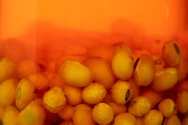 在玻璃碗中把黄豆放入植物油中 金豆粉与食用油加工碗混合 豆豆是健康饮食和食品元素的烹调配料 孤立的白色背景 — 图库照片