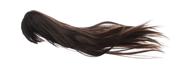 ロングストレートウィッグヘアスタイルは 秋の爆発を飛ぶ 茶色の女性のウィッグの髪は空中に浮かんでいます ストレートブラウンのウィッグの髪の風吹き雲スロー 白地分離高速凍結運動 — ストック写真