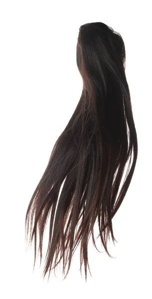ロングストレートウィッグヘアスタイルは 秋の爆発を飛ぶ 黒のブルネットの女性のウィッグの髪の拡張子は空中に浮かぶ ストレートウィッグの髪の延長風吹き雲スロー 白い背景隔離された高速 — ストック写真