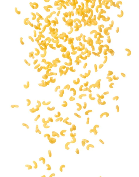 stock image Macaroni fall down in group, yellow macaronis pasta float explode, abstract cloud fly. Curved macaroni pasta splash throwing in Air. White background Isolated high speed shutter, freeze motion