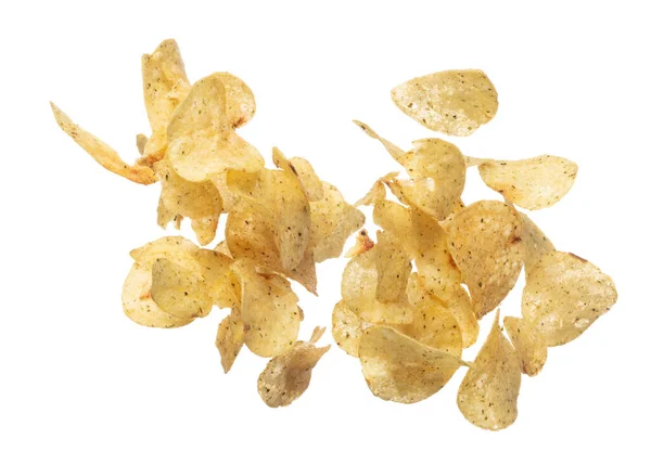 Aardappelspaander Vliegt Lucht Golden Fried Aardappelspaander Drijvende Explosie Stapelgroep Van — Stockfoto