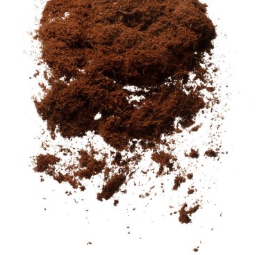 Coconut peel husk flying explosion, coconut chopped fine small S size fall down as dust. Coconut powder peel fertilizer splash throwing in Air. White background Isolated high speed shutter, freeze