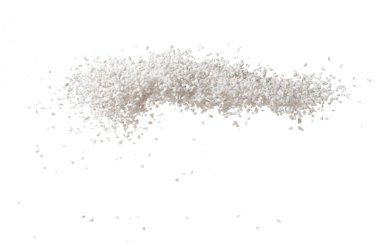 Perlite rock flying explosion, perlite white stone fall down abstract garden decorate. Perlite volcano stone splash throwing in Air. White background Isolated high speed shutter, freeze action
