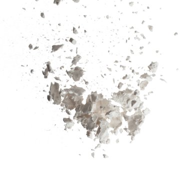 Tapioca starch explosion flying, White powder tapioca starch wave floating fall down in air. tapioca starch is element material. Eyeshadow crush for make up artist. White background Isolated