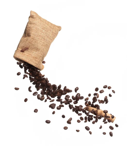 Coffee Bean Fall Pour Sack Bag Coffee Seeds Float Explode — стоковое фото